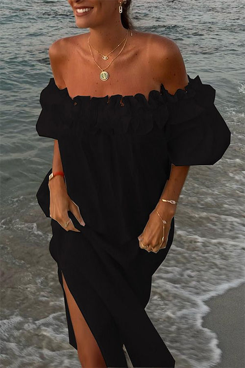 Skovae | Rosiedress Off Shoulder Rynkebånd Splits Bomuld Linned Maxi Ferie Kjole