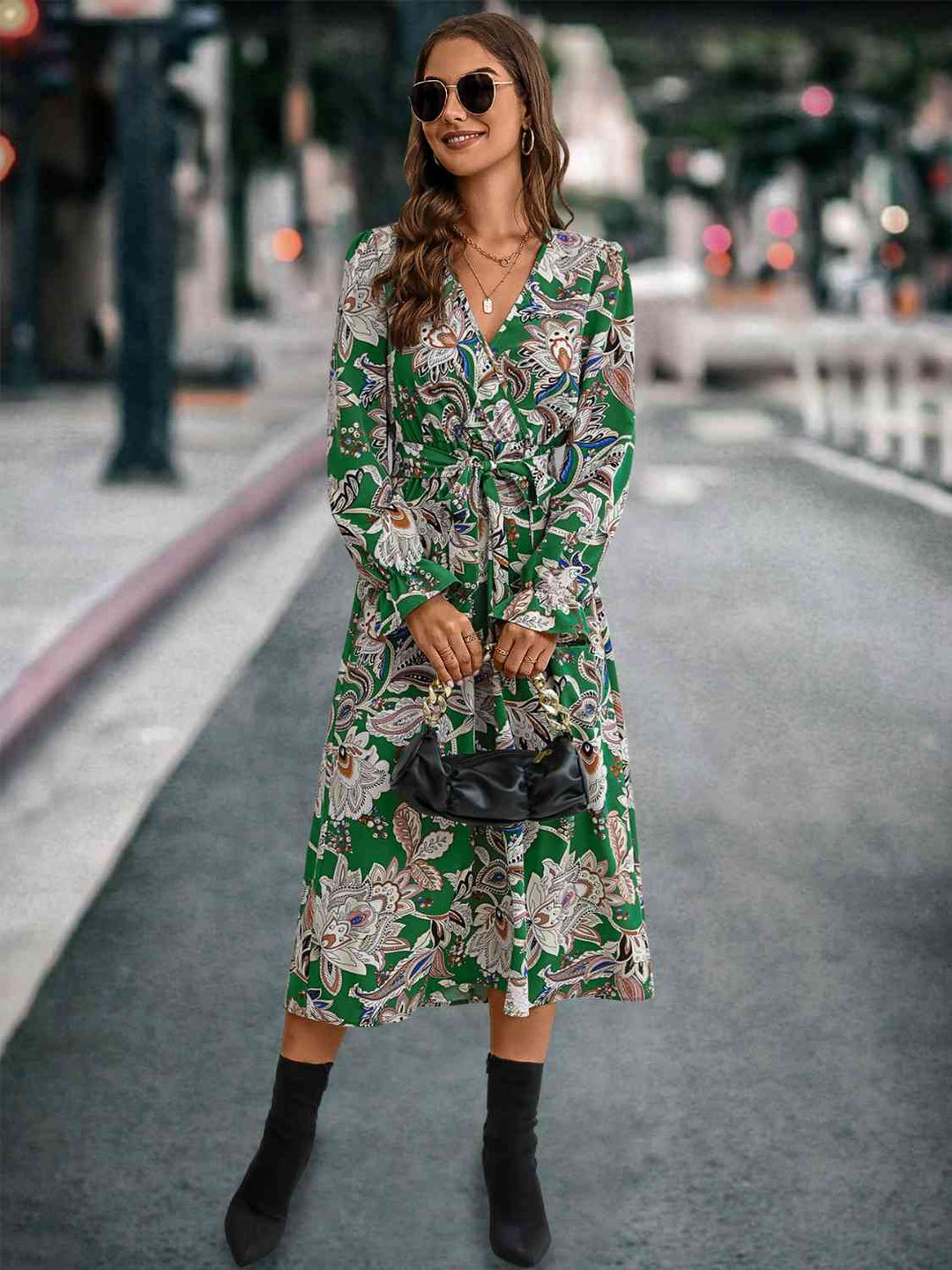 Stilla | Tie Front Surplice Flounce Sleeve Dress