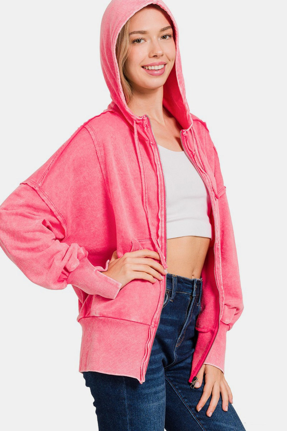 Stilla | Lynlås Hættetrøje I Acid Wash Fleece Med Lommer