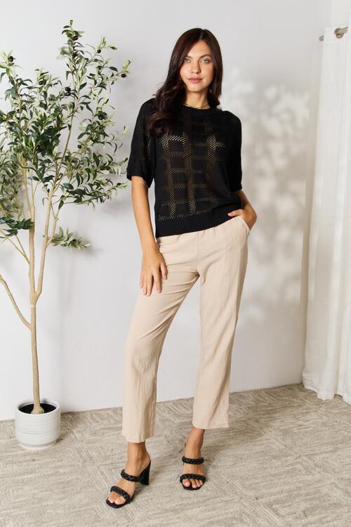 Stilla | Take Ribbet Trim Rund Hals Strik Top