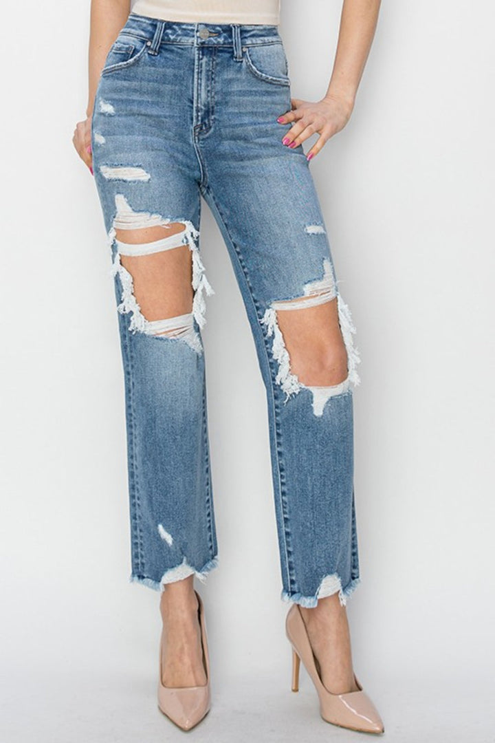 Stilla | High Rise Distressed Crop Straight Jeans