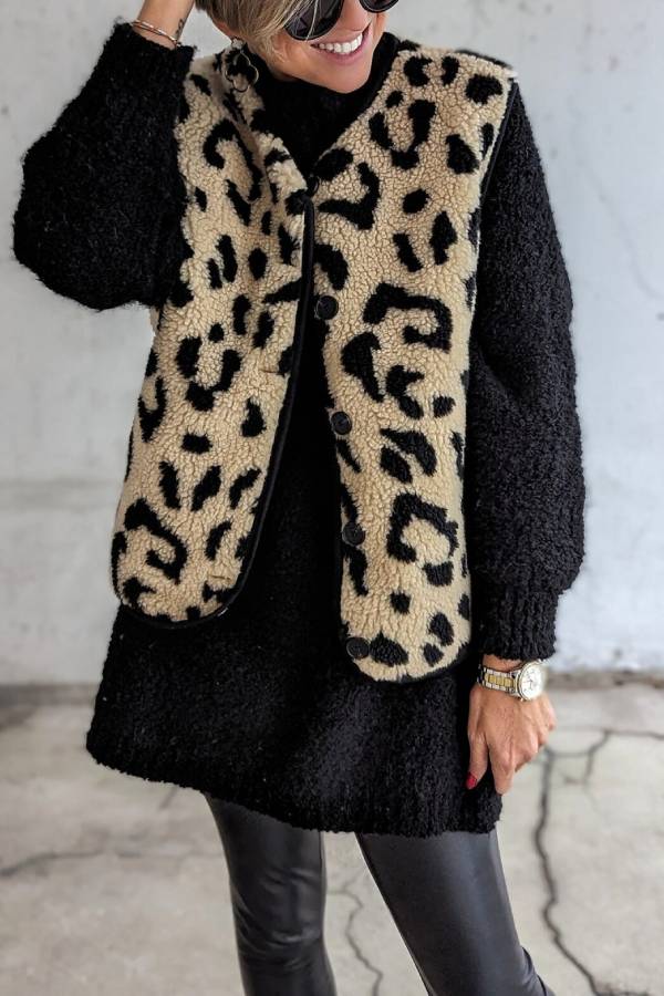 Stilla | Leopardmønster Frontåbning Casual Efterårs- og Vintervest Jakke