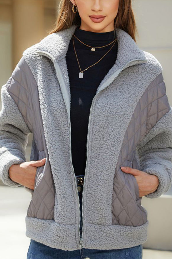 Stilla | Langærmet cardigan med lynlås i fleece patchwork damesjakke