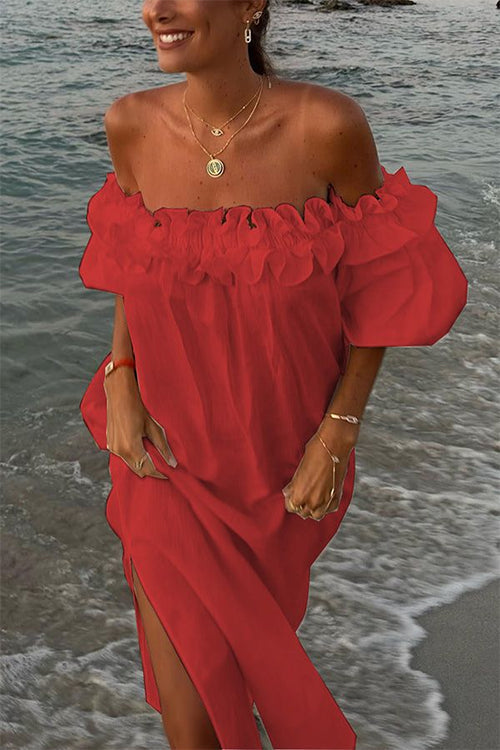 Skovae | Rosiedress Off Shoulder Rynkebånd Splits Bomuld Linned Maxi Ferie Kjole