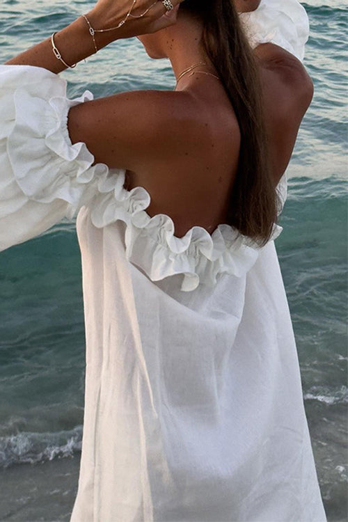 Skovae | Rosiedress Off Shoulder Rynkebånd Splits Bomuld Linned Maxi Ferie Kjole