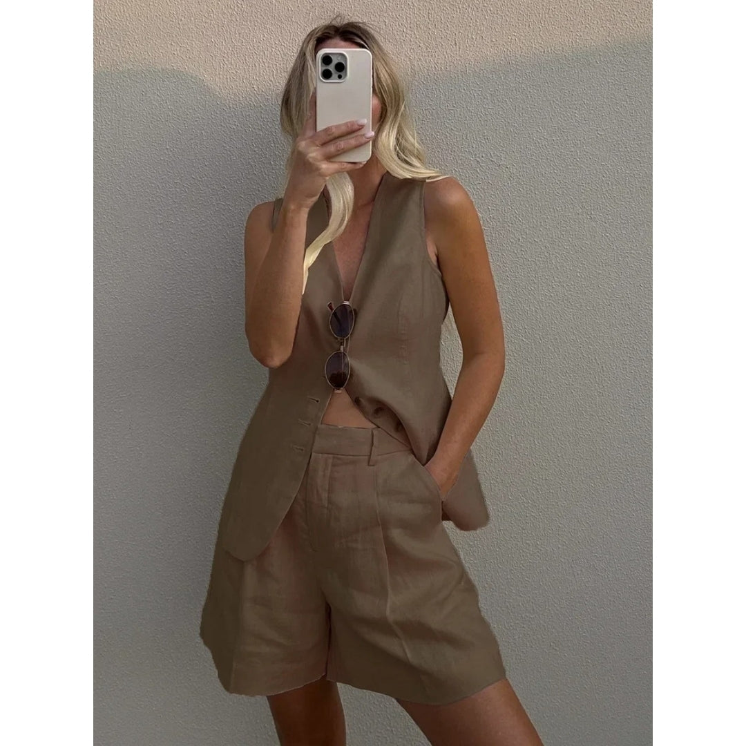 Stilla | Kvinders Linned Co Ord Sæt Vest Og Shorts
