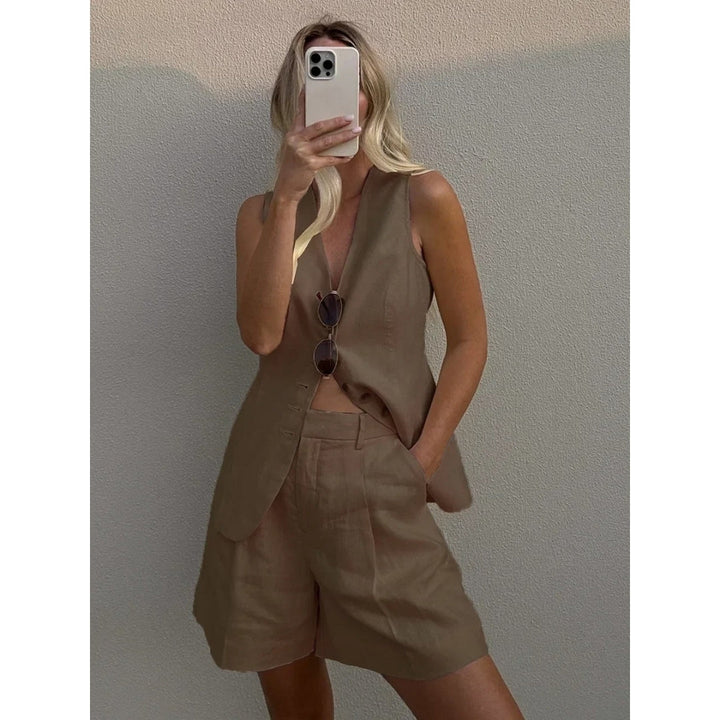 Stilla | Kvinders Linned Co Ord Sæt Vest Og Shorts