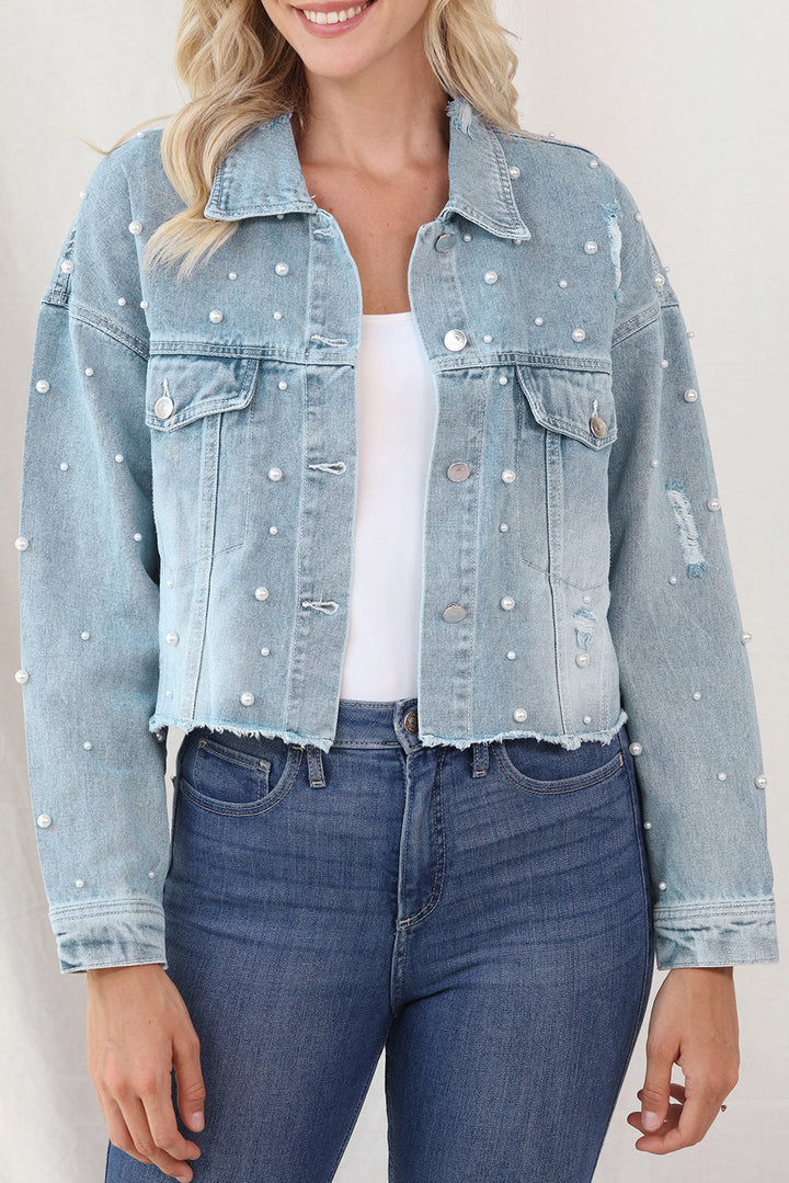 Stilla | Perle Trim Knappeluk Denim Jakke