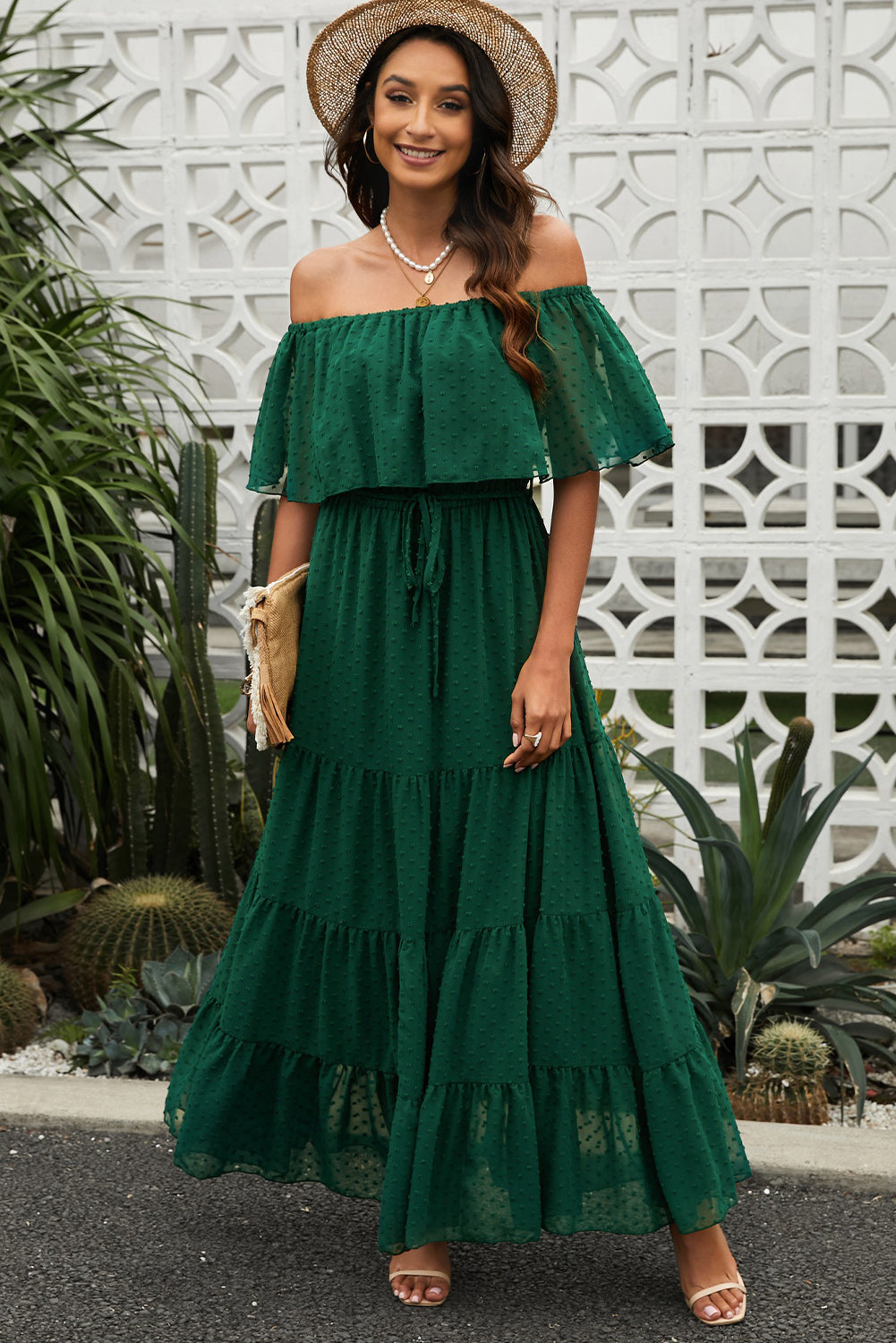 Stilla | Dot Off-Shoulder Lagdelt Maxi Kjole