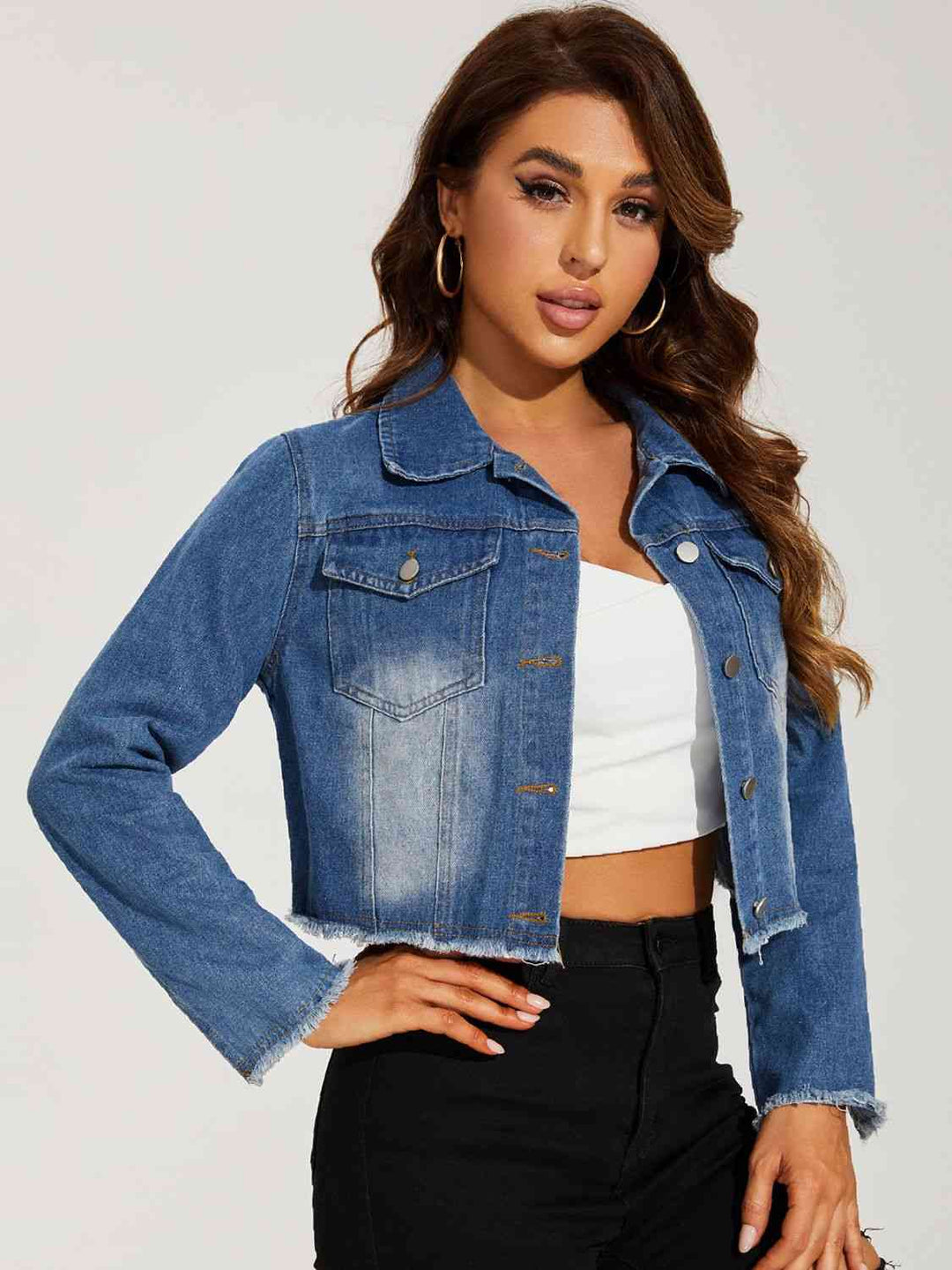 Stilla | Neck Raw Hem Denim Jakke