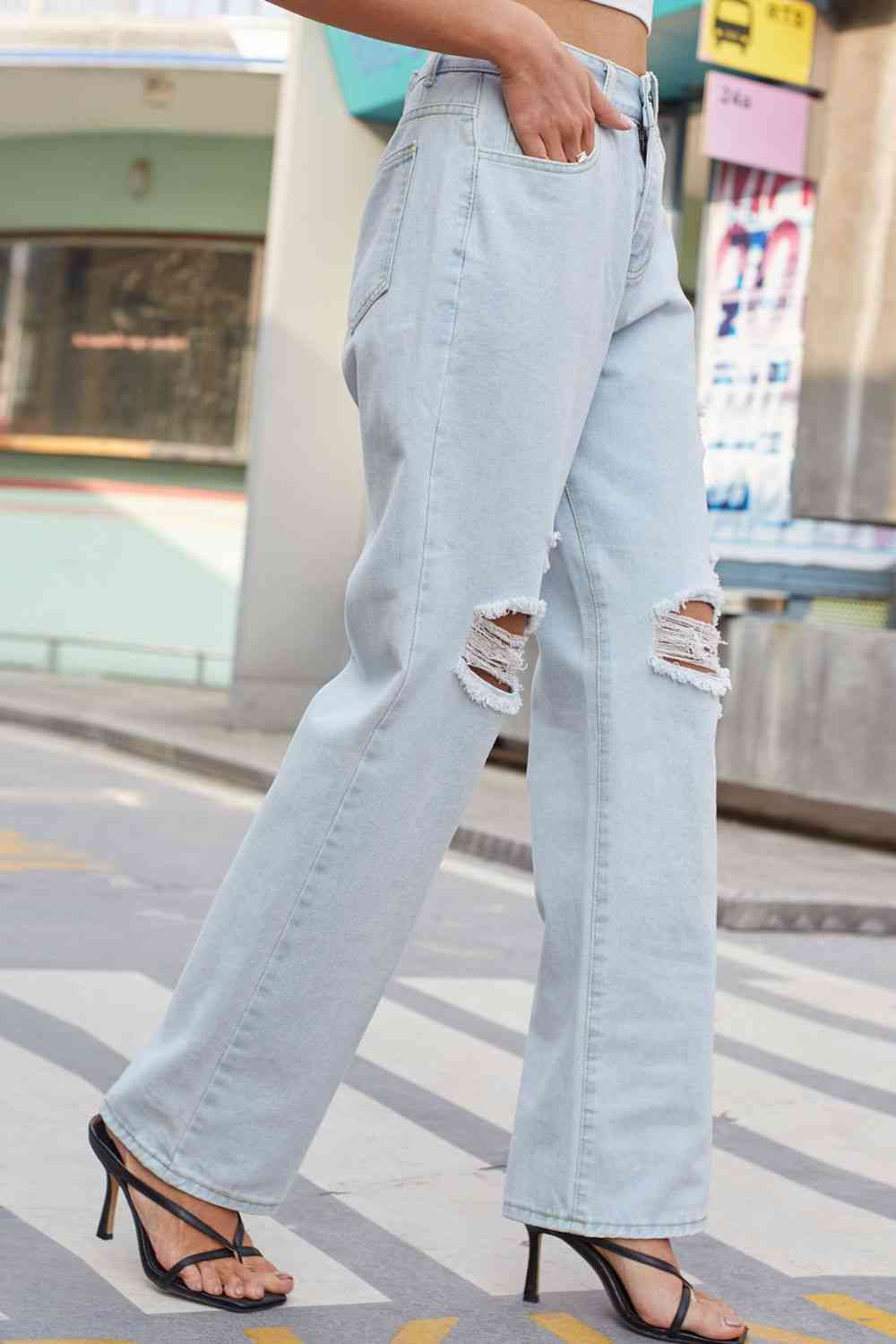 Stilla | Distressed Straight Leg Jeans Med Lommer