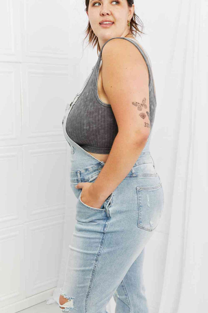 Stilla | Blue Melina Full Size Distressed Straight Leg Overalls