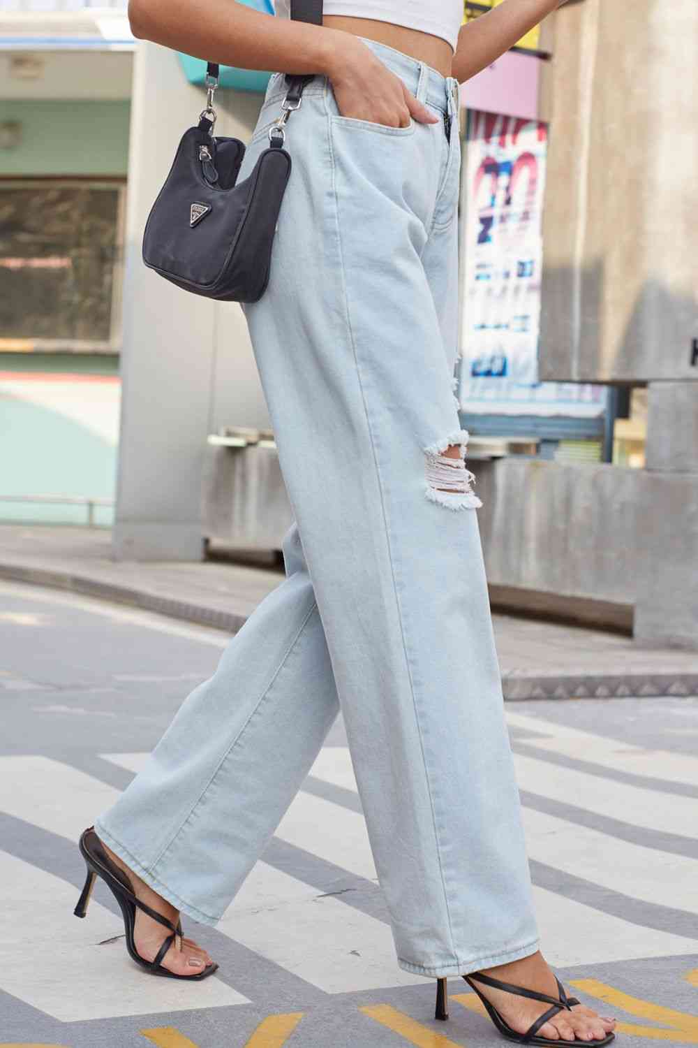 Stilla | Distressed Straight Leg Jeans Med Lommer