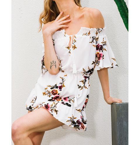 Kvinders Off-Shoulder Playsuit med Blomsterdesign og Rynke Detaljer Stilla
