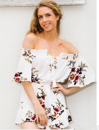 Kvinders Off-Shoulder Playsuit med Blomsterdesign og Rynke Detaljer Stilla