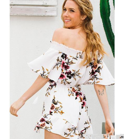 Kvinders Off-Shoulder Playsuit med Blomsterdesign og Rynke Detaljer Stilla