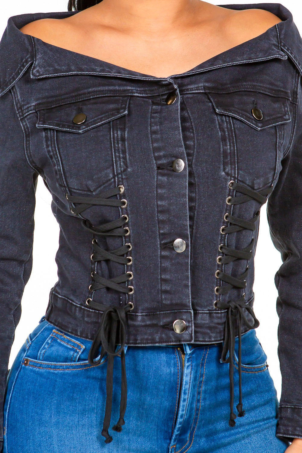Stilla | Bazi Off Shoulder Snøreop Denim Jakke
