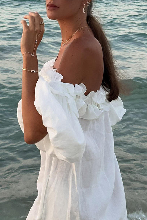 Skovae | Rosiedress Off Shoulder Rynkebånd Splits Bomuld Linned Maxi Ferie Kjole