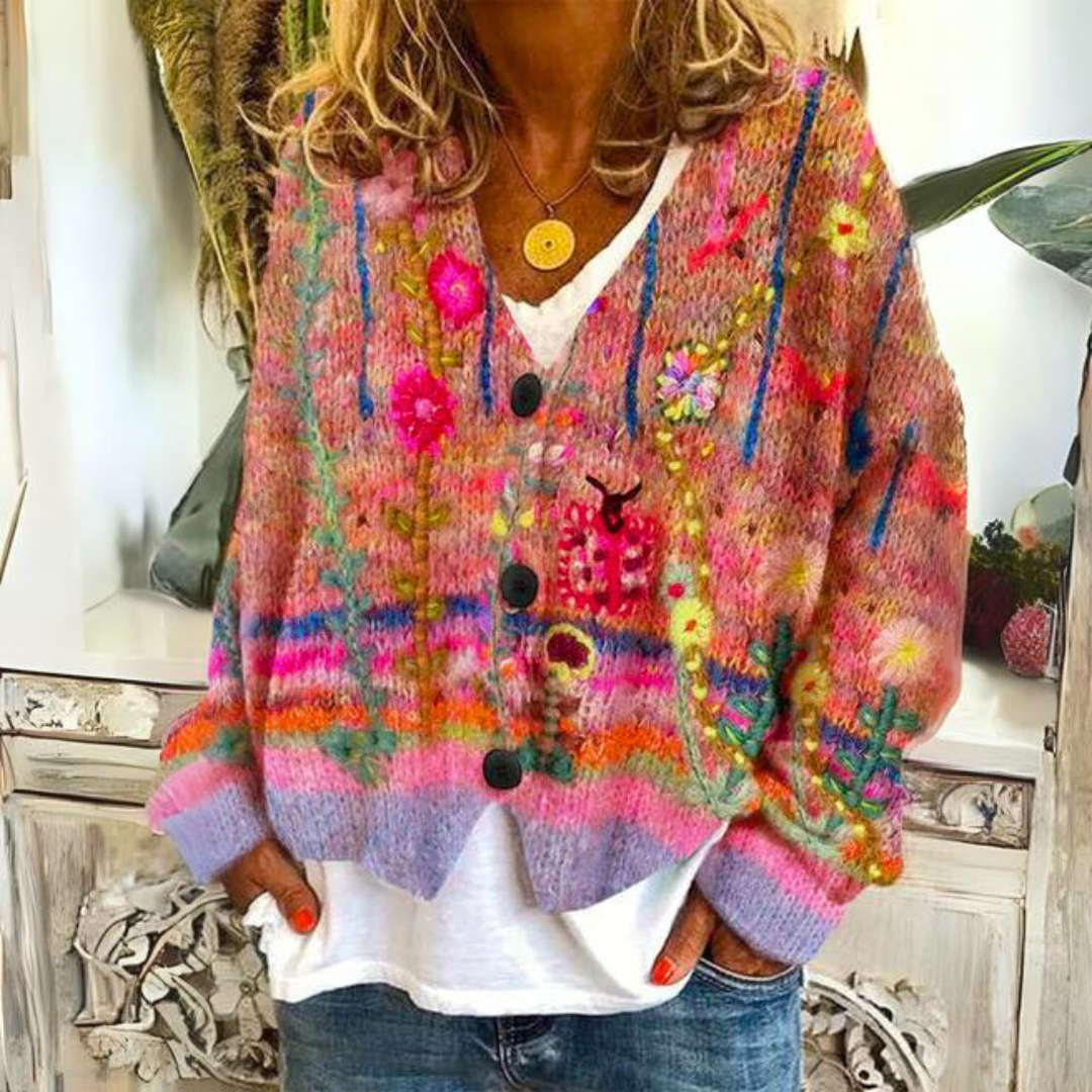 Stilla | Strikjakke I Boho-Stil med Florale Accenter - Behagelig, Modisk Cardigan til Fritid Og Hverdag