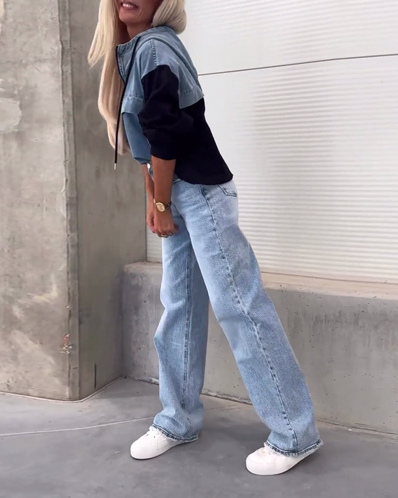 Stilla | Hætte trøje med lynlås og patchwork mønster i denim