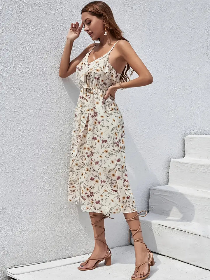 Stilla | Blomster Midi Kjole Uden Ærmer Elegant Sommerkjole Med V-Hals Og Flæser En Komfortabel Pasform