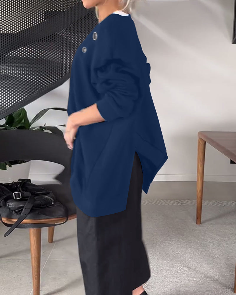 Stilla | Sweatshirt med rund halsudskæring og slids i ensfarvet