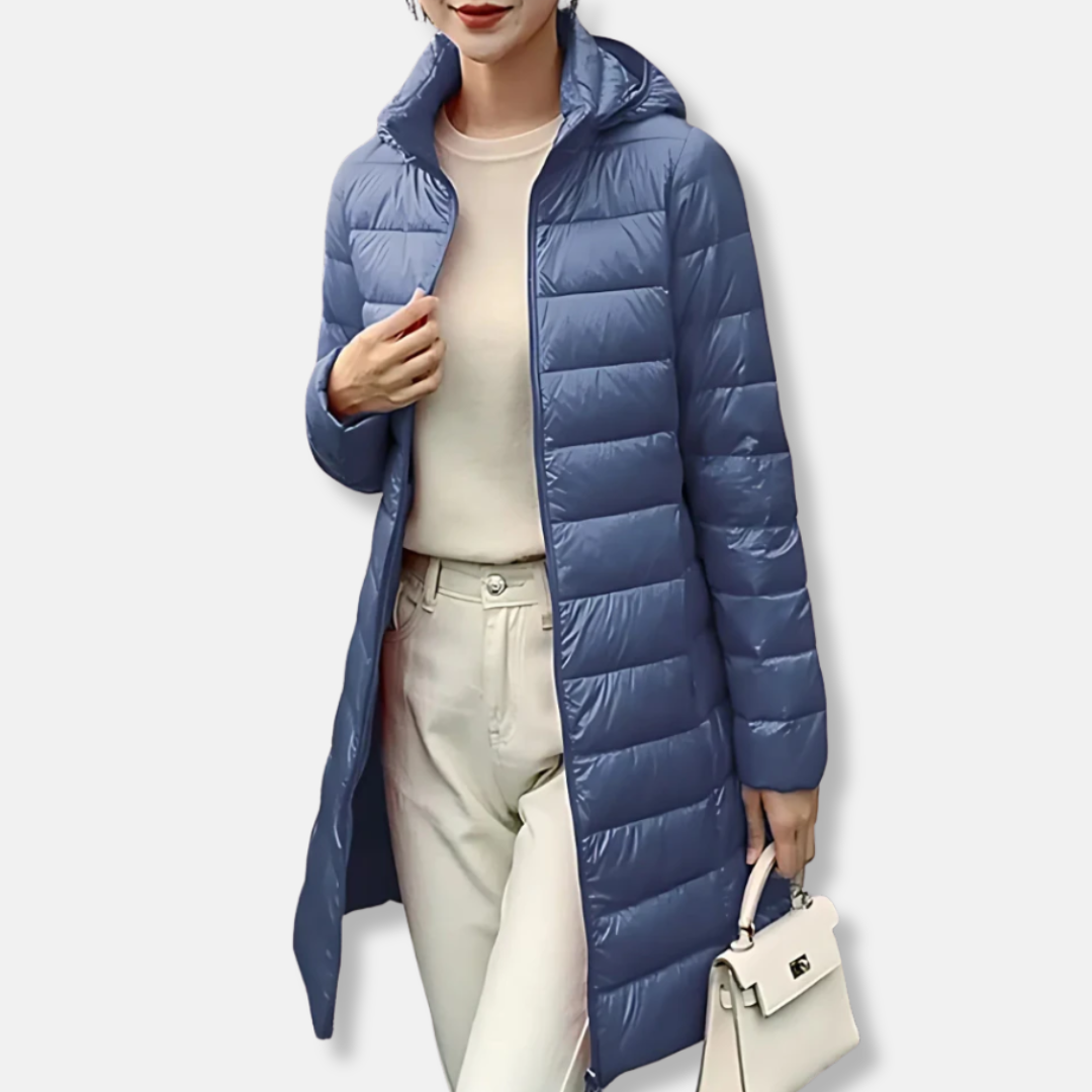 Stilla | Nylon Pufferjakke Steppjakke med Hætte I Mellemlang Længde