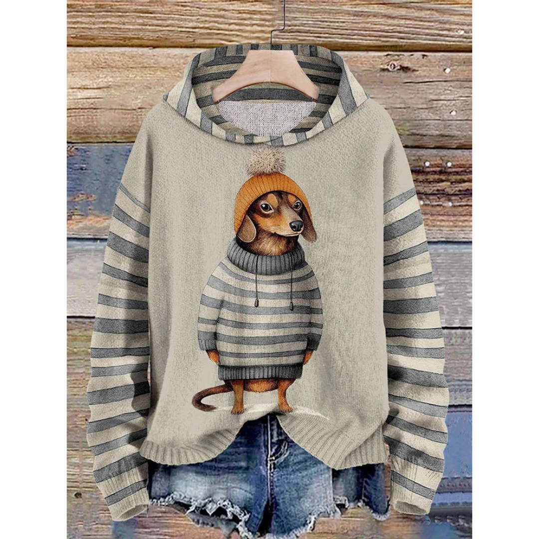 Stilla | Dame Relaxed Fit Fleece Følelse Hund Tryk Stribede Ærmer