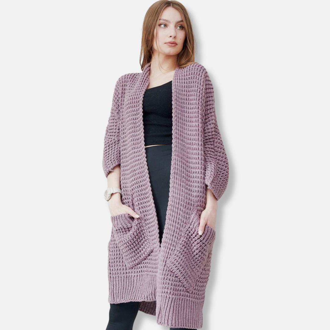 Stilla | Frakke i Strik Oversized Fit Åben Front Mønster Lommer Ribbet Kanter