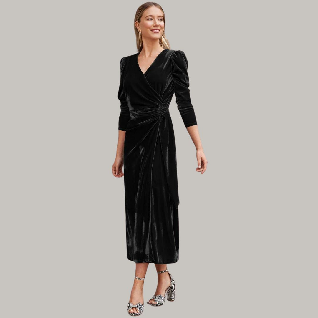 Stilla | Lang Midi Kjole Wrap-Type af Velours med Puffærmer