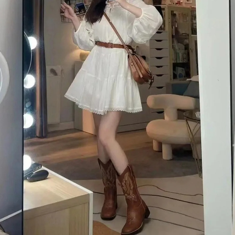 Skovae | Western stil støvler dame med spids tå og blokhæl, cowboy støvler dame