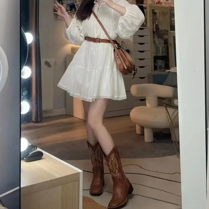 Skovae | Western stil støvler dame med spids tå og blokhæl, cowboy støvler dame