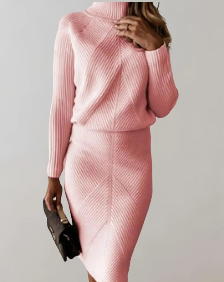 Stilla | Sæt Ribbet To-delt Slim Fit Rullekrave Sweater og Midi Nederdel