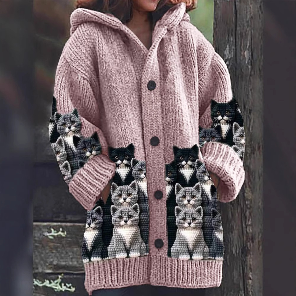 Stilla | Komfortabel Strikket Katteprint Cardigan