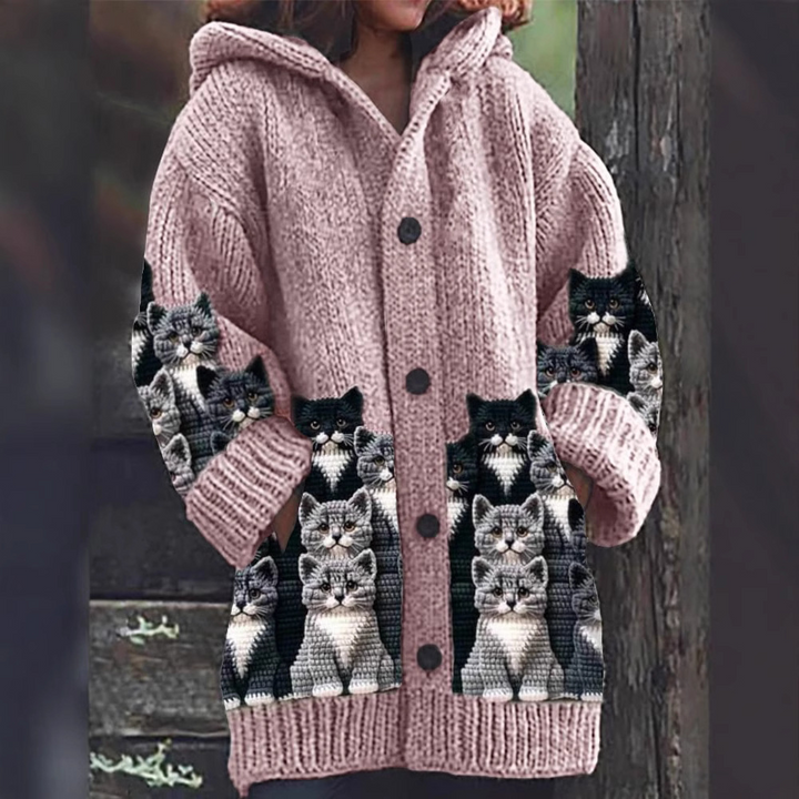 Stilla | Komfortabel Strikket Katteprint Cardigan