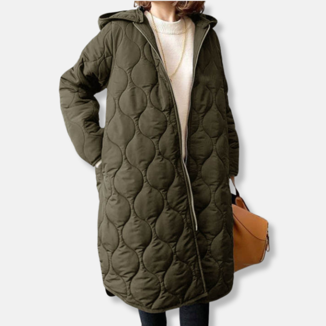 Stilla | Jakke Quiltet Langmodel Oversized Fit Hætte og Lynlås