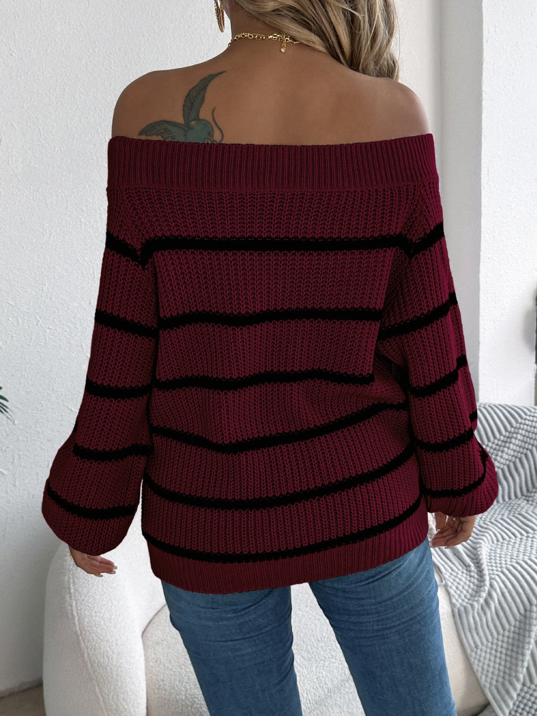 Stilla | Stribet Pullover med Lange Ærmer og Udsatte Skuldre