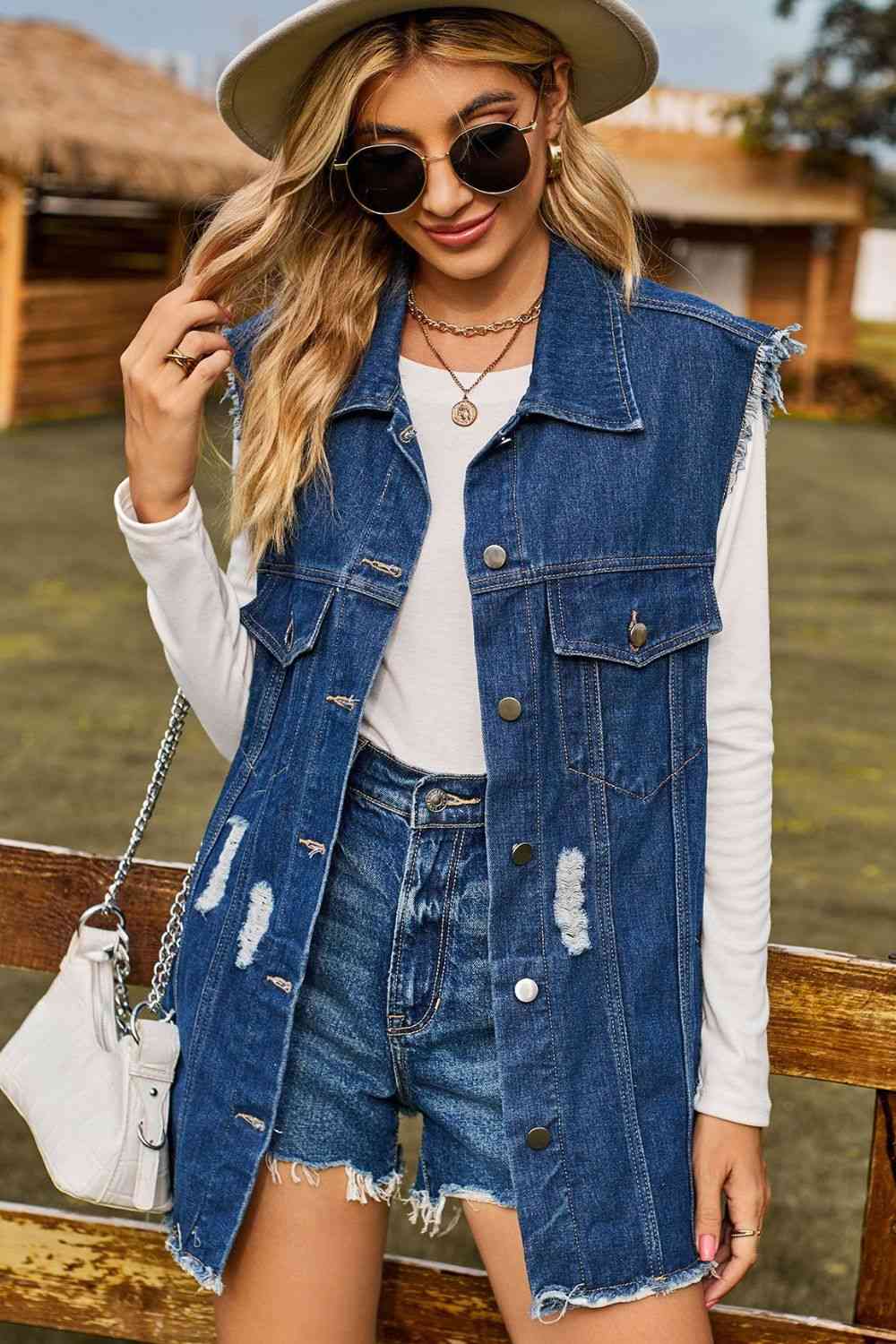 Stilla | Knap-oppet Krave Denim Top Med Lommer