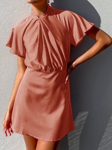 Stilla | Elegant Kjole Polyester Satin Til Kvinder Snoet Foran, Flæseærmer Og Krave