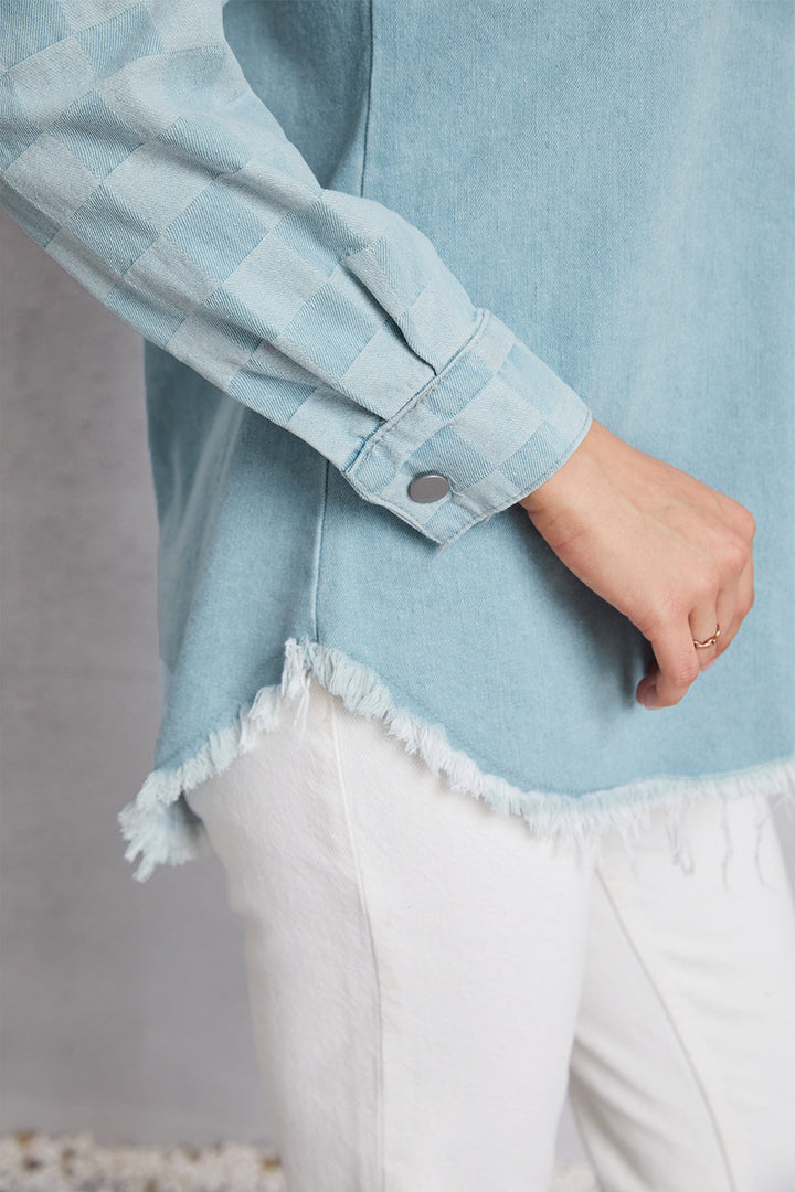Stilla | Hem Tjekket Faldet Skulder Denim Jakke