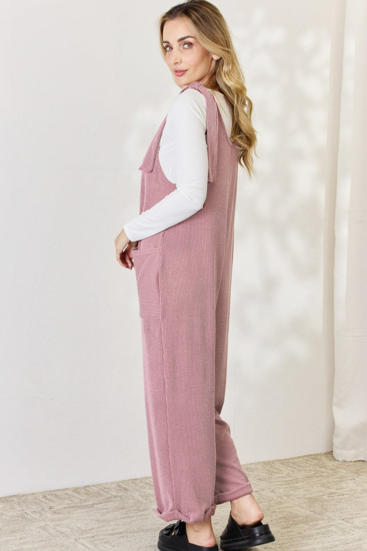 Stilla | Full Size Ribbede Knytte Skulder Ærmeløs Ankel Overalls