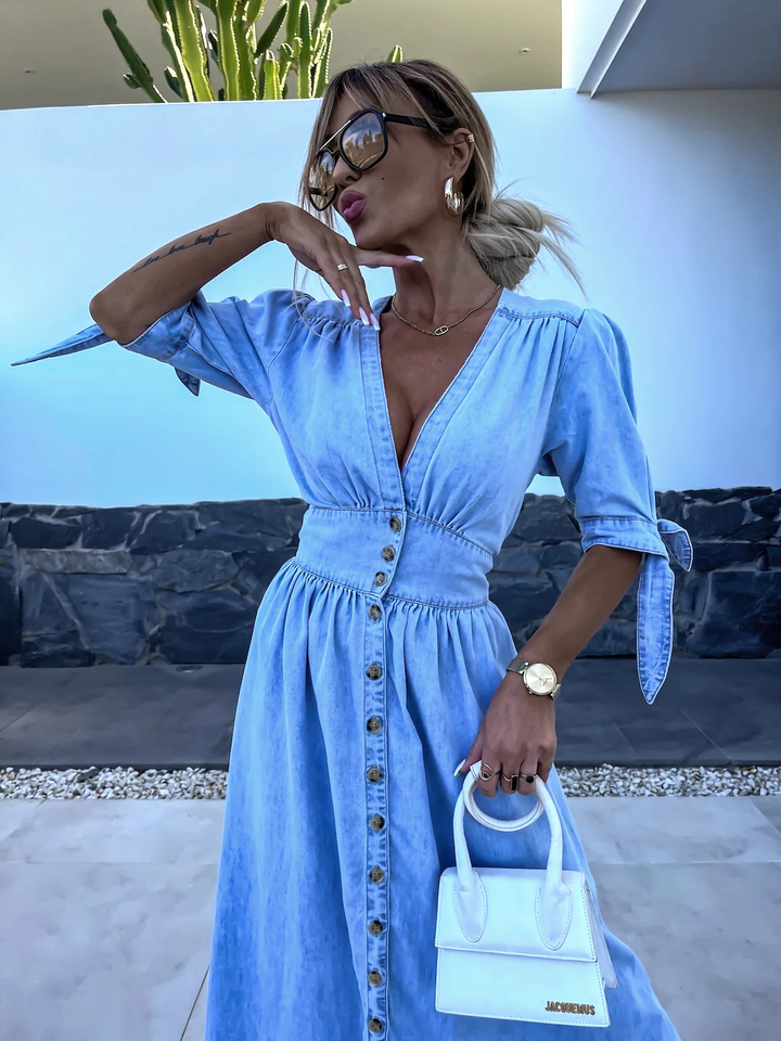 Stilla | Lang Chambray Kjole Med Splittet Foran