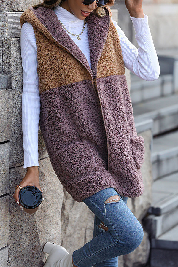 Stilla | Ærmeløs Colorblock-løsning Mid-Length Cardigan Puff-velours-jakke
