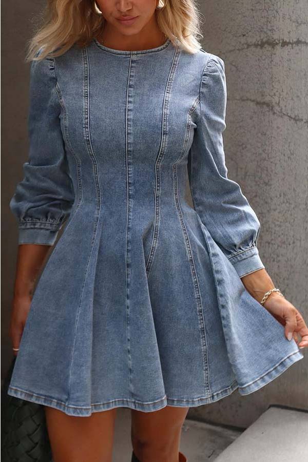 Skovae | Fade Into You Denim Prinsesse Linie Ryg lynlås Flare Stretch Mini Kjole