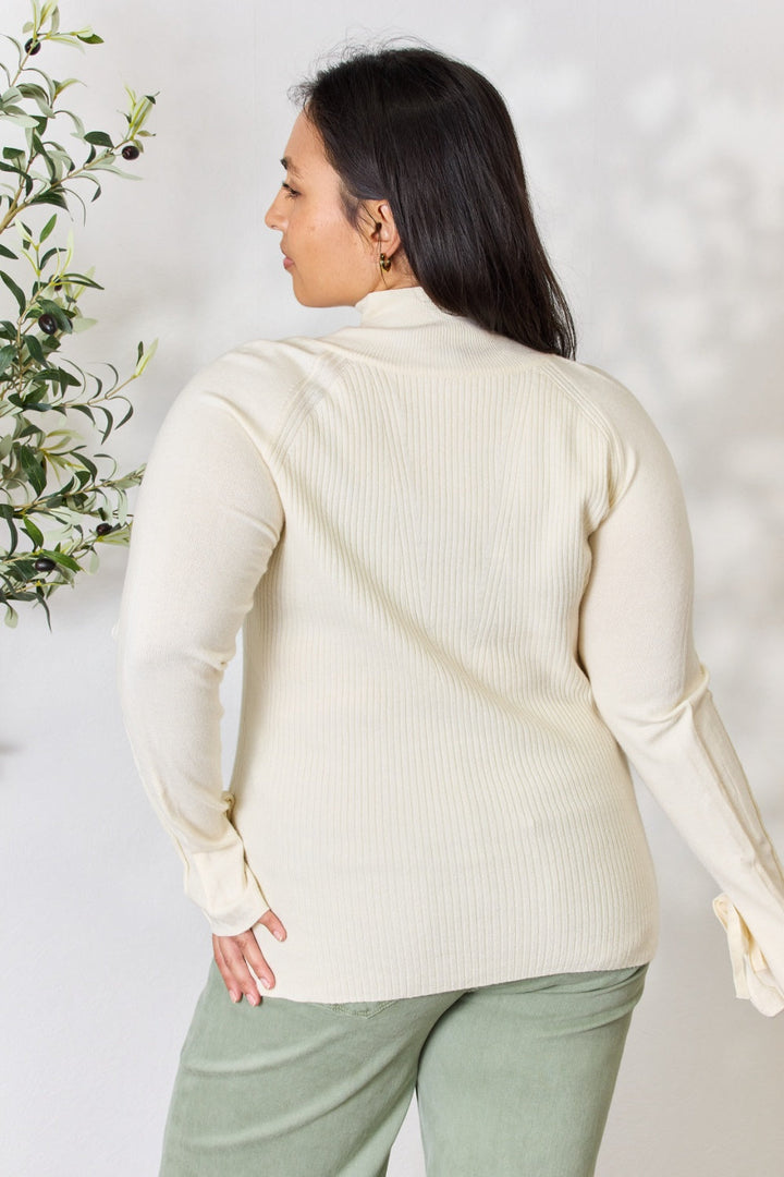 Stilla | Full Size Ribbet Sløjfe Detalje Langærmet Turtleneck Strik Top
