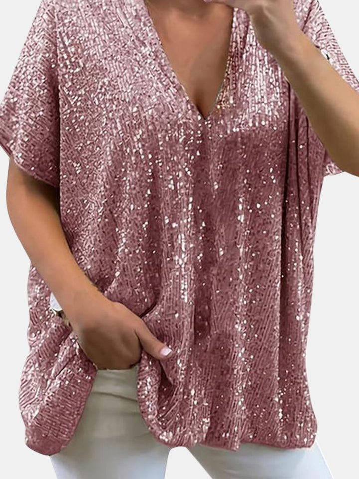 Stilla | Plus Size Paillet V-Hals Kortærmet Top