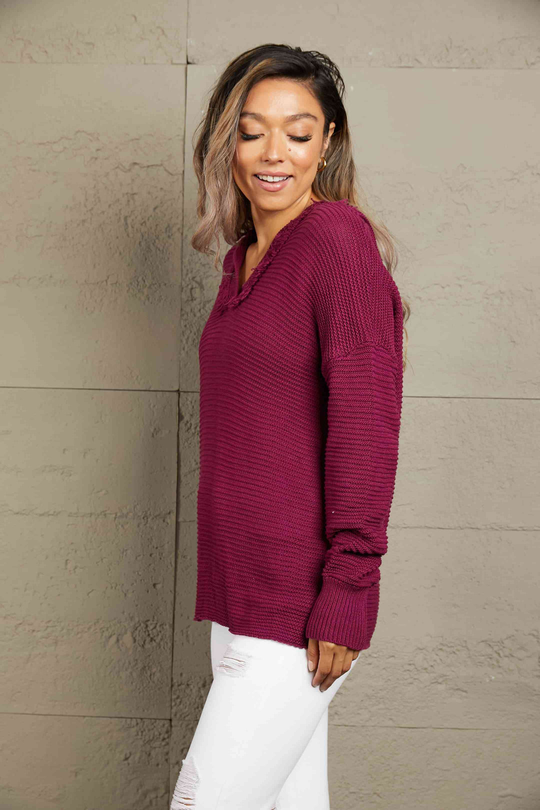 Stilla | Højre Vandret Ribbet Frynse Trim Hætte Sweater