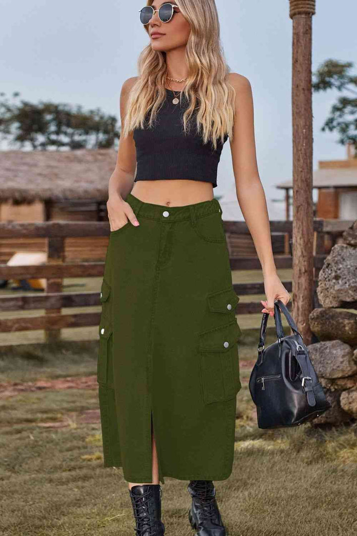 Stilla | Front Midi Denim Skirt Med Lommer