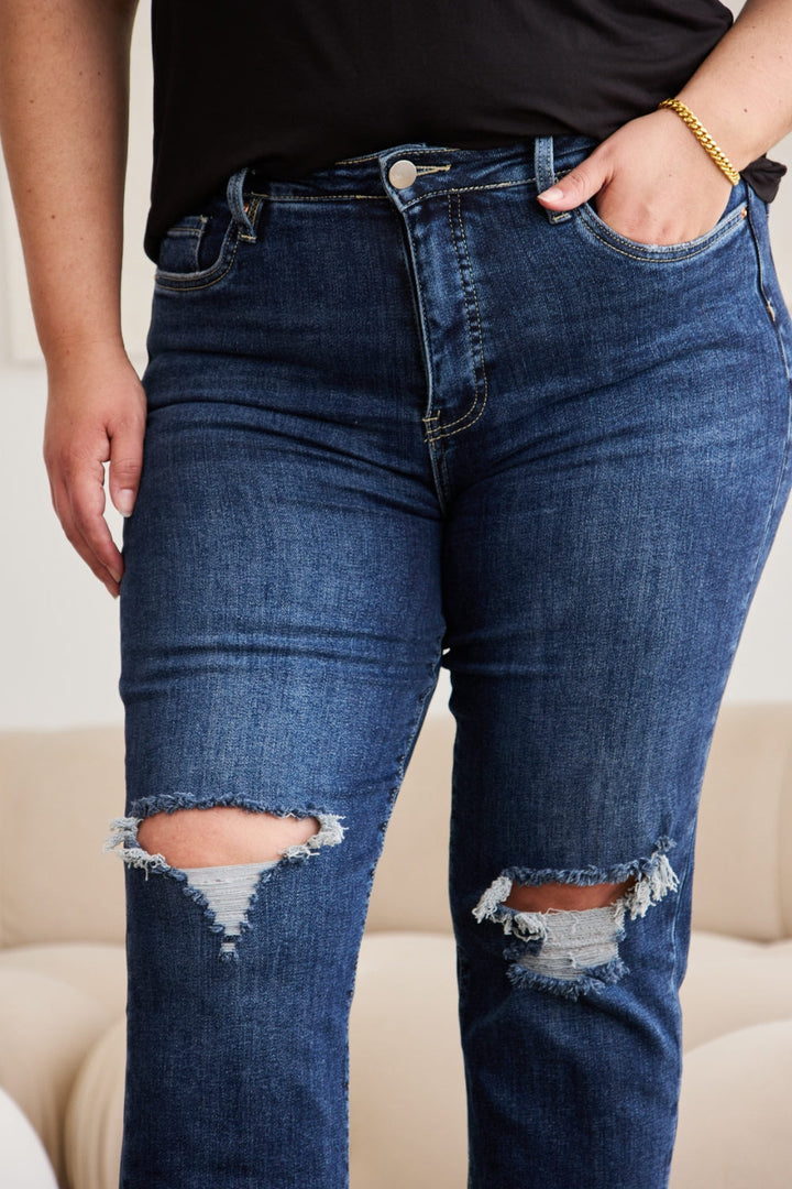 Stilla | Crop Dylan Full Size Mavekontrol Slidt Højtaljede Raw Hem Jeans