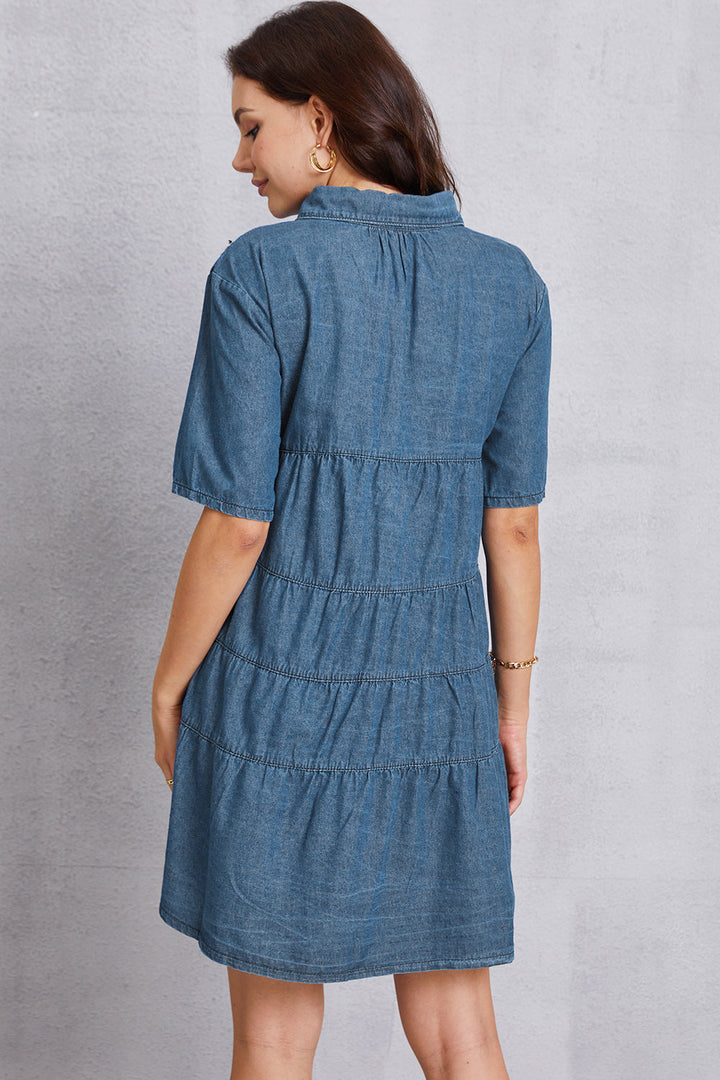 Stilla | Opkravet Hals Lagdelt Denim Kjole